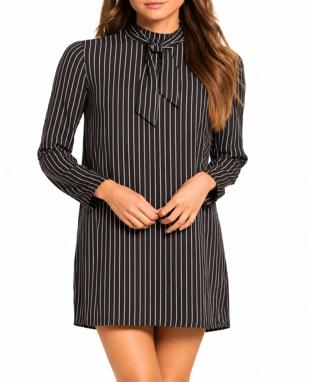 Ali & Jay She-E-O Shift Dress Womens Medium Black Tan Striped Tie-Neck Mini Work